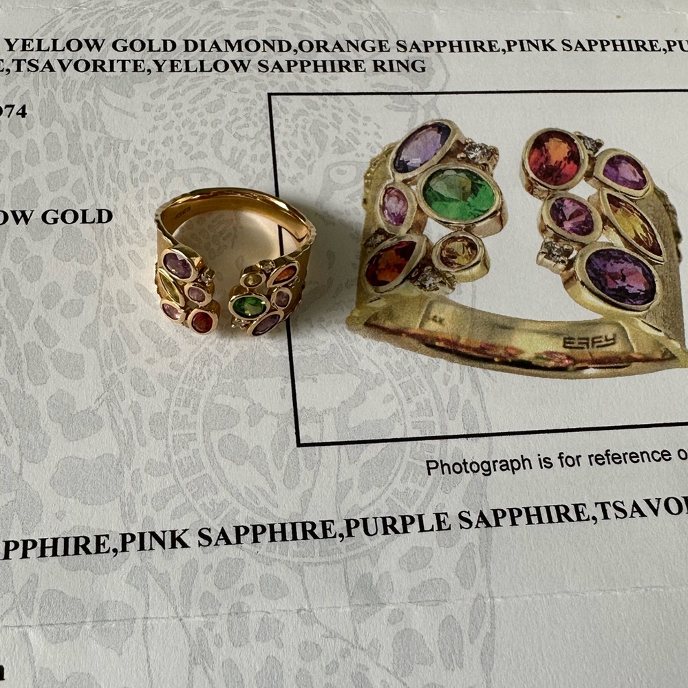 gorgeous Effy solid 14K gold diamonds sapphires tsavorite open front ring size 9